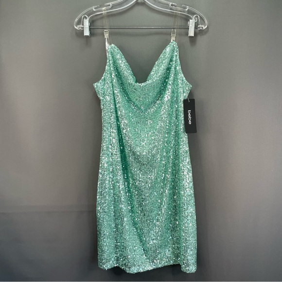 BEBE mint colour sequin slip dress draped midi with clear straps clubbing mini - Picture 1 of 12